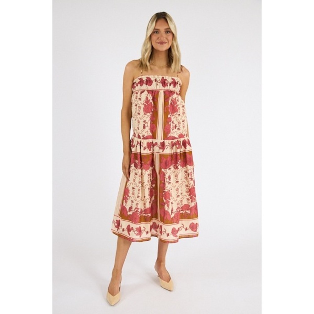 Greylin Alisha Trapeze Dress Pink Floral Tiered Midi Womens L NEW